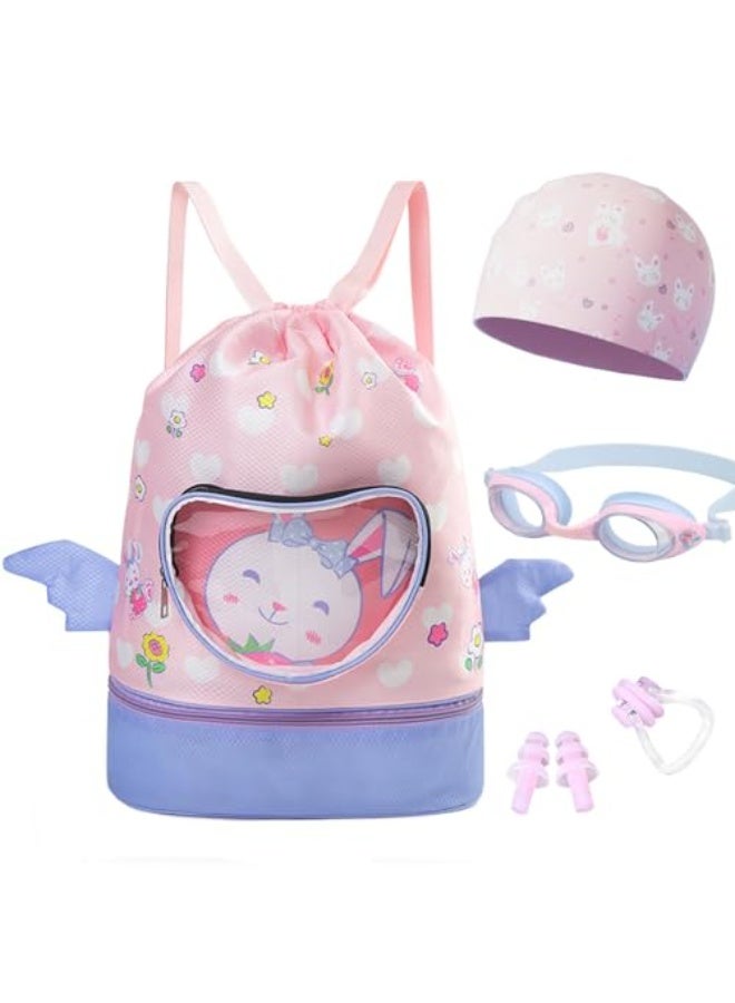 Children's Drawstring Bags Swimming Bag Dry and Wet Separation Waterproof Storage Bag,Kids Drawstring Backpack w/Swimming Goggles,Ear Plugs,Nose Clip & Cap for Boys,Girls Pool Beach