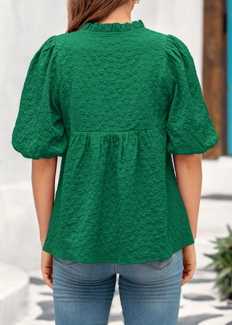 MASCOMODA Womens Summer Tops 2026 Ruffle V Neck Blouses Loose Puff Short Sleeve Jacquard Babydoll Tops Casual Dressy T-Shirts(Green,Medium) - Image 5