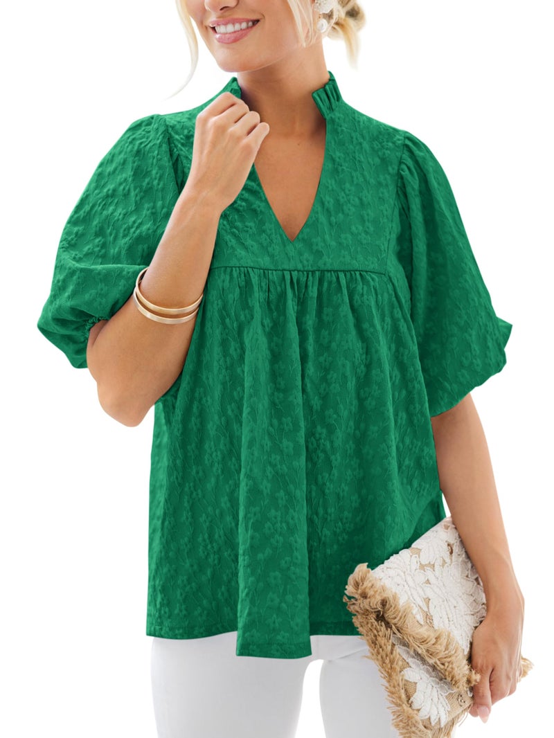 MASCOMODA Womens Summer Tops 2026 Ruffle V Neck Blouses Loose Puff Short Sleeve Jacquard Babydoll Tops Casual Dressy T-Shirts(Green,Medium) - Image 1