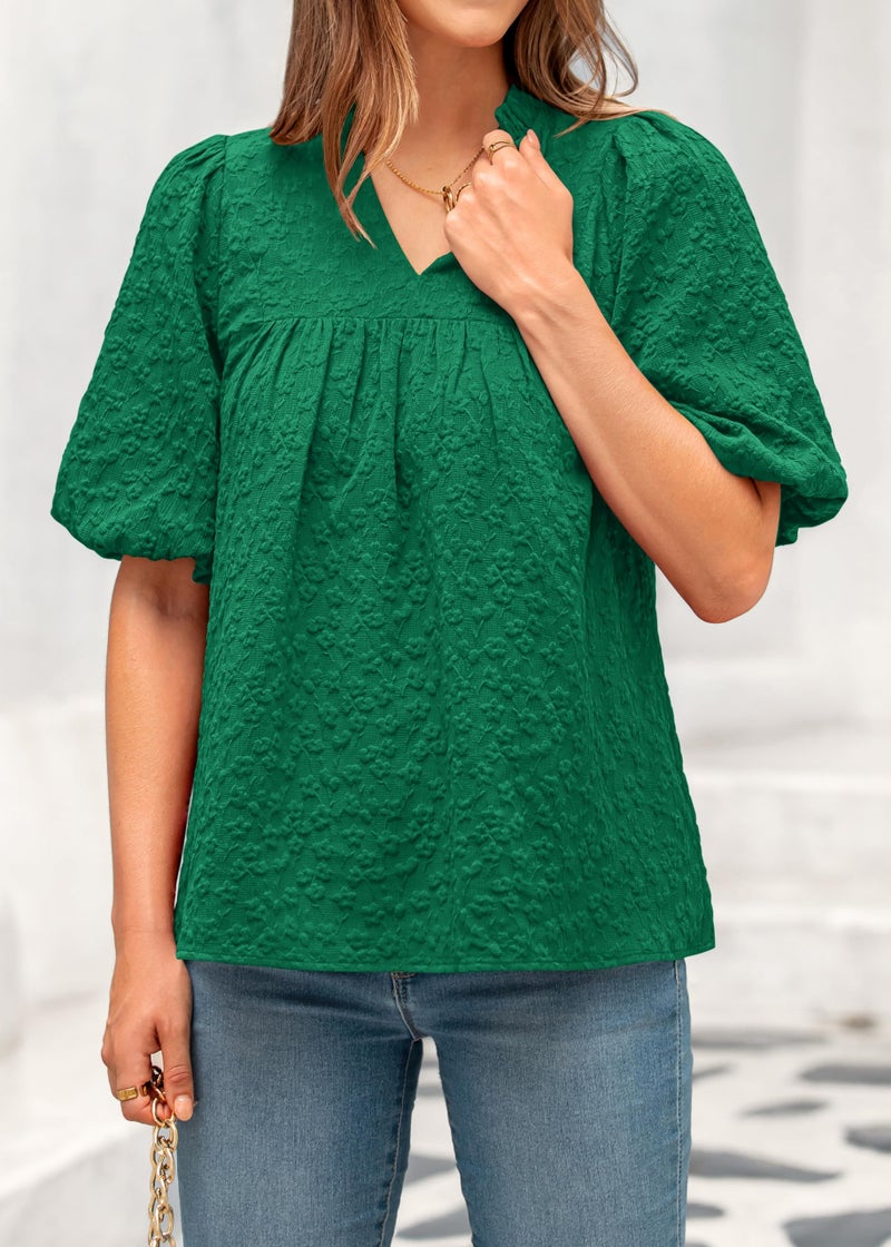MASCOMODA Womens Summer Tops 2026 Ruffle V Neck Blouses Loose Puff Short Sleeve Jacquard Babydoll Tops Casual Dressy T-Shirts(Green,Medium) - Image 4