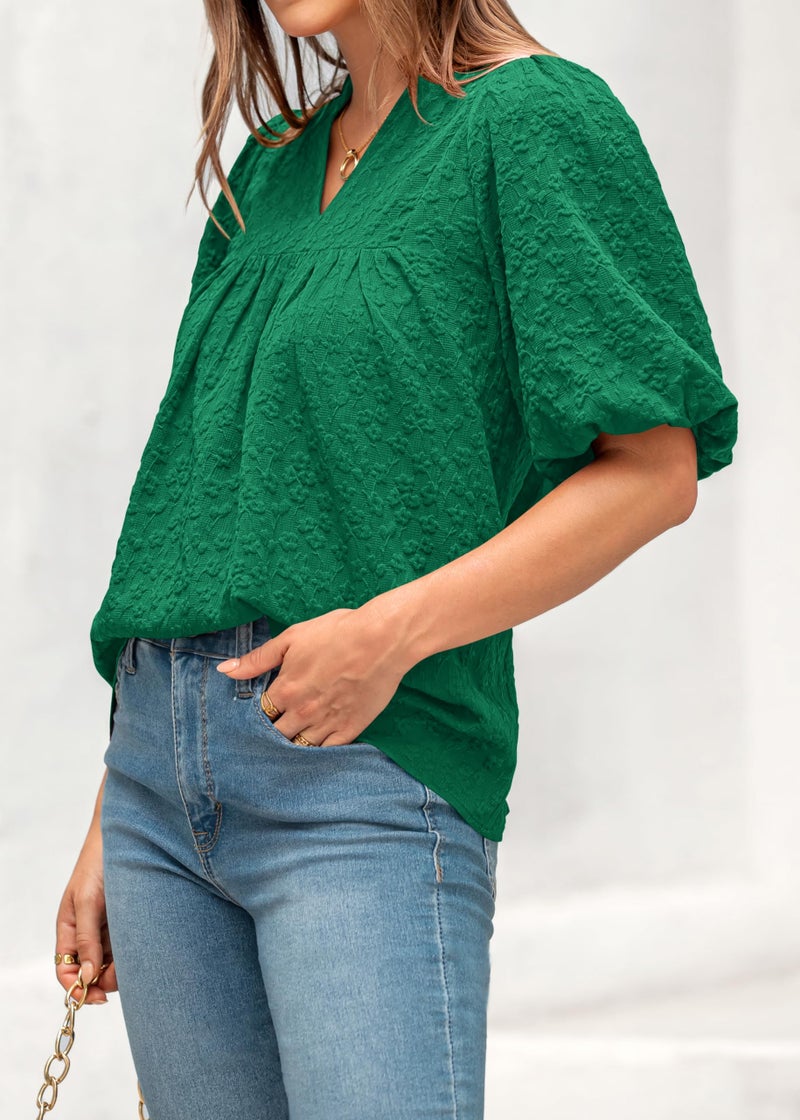MASCOMODA Womens Summer Tops 2026 Ruffle V Neck Blouses Loose Puff Short Sleeve Jacquard Babydoll Tops Casual Dressy T-Shirts(Green,Medium) - Image 3