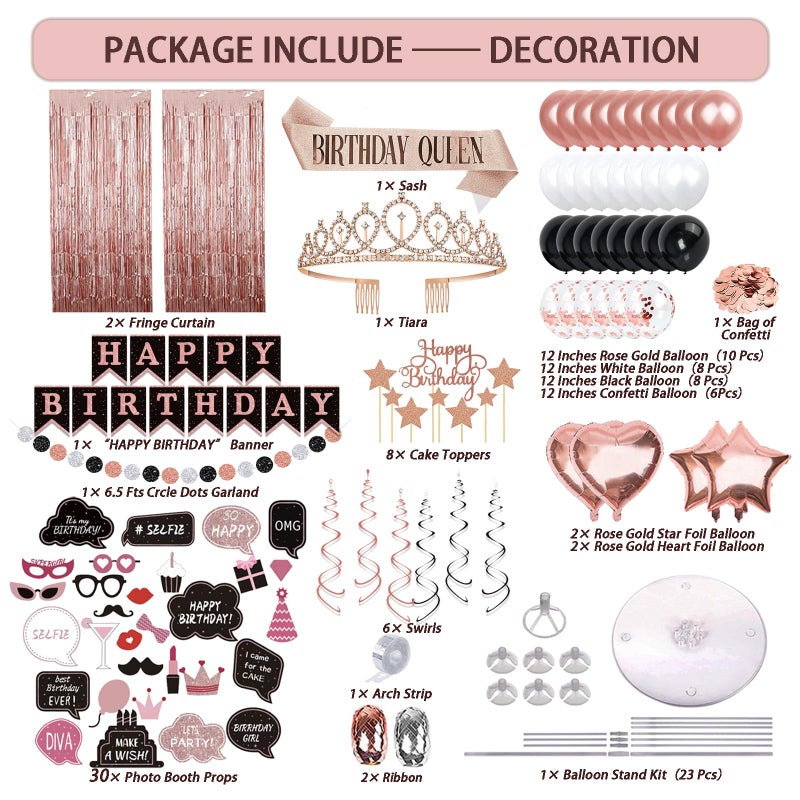 UJoyant Birthday Decorations For Women 229 Pcs Rose Gold and Black Happy Birthday Supplies  Disposable Dinnerware Set with 25 Guest Balloons Sash Tiara Banner Fringe Curtain Photo Booth Props - Image 3
