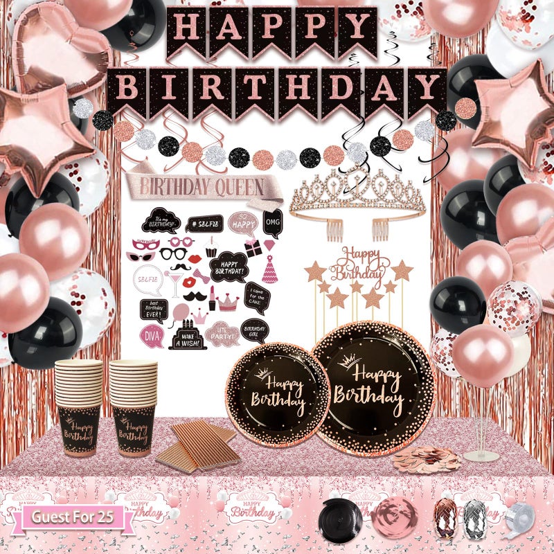 UJoyant Birthday Decorations For Women 229 Pcs Rose Gold and Black Happy Birthday Supplies  Disposable Dinnerware Set with 25 Guest Balloons Sash Tiara Banner Fringe Curtain Photo Booth Props - Image 2