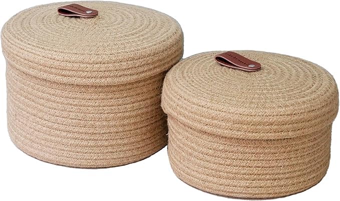 SANWALSA [Set of 2-9.5x5 inch & 11x6.5 inch, Round, Beige] Handwoven Jute Cotton Basket with Lid | Eco-Friendly Storage Container for Bedroom, Living Room | Ideal for Organization & Gift Hampers - Image 1