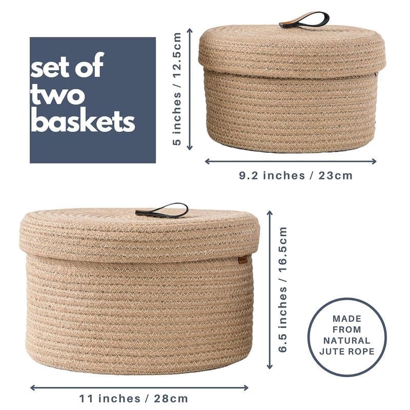 SANWALSA [Set of 2-9.5x5 inch & 11x6.5 inch, Round, Beige] Handwoven Jute Cotton Basket with Lid | Eco-Friendly Storage Container for Bedroom, Living Room | Ideal for Organization & Gift Hampers - Image 2
