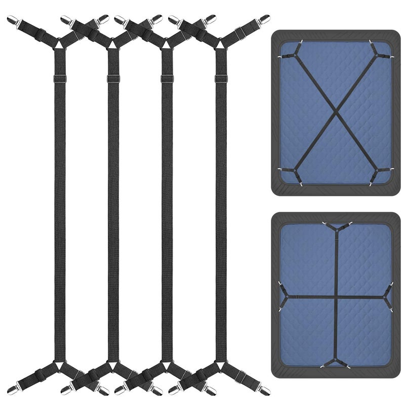 ZHOUBIN Bed Sheet Holder Straps Adjustable Elastic Crisscross Bed Sheet Fastener Straps Grippers Suspenders for All Bed Sheets Mattress Covers2 Set4Pcs Black