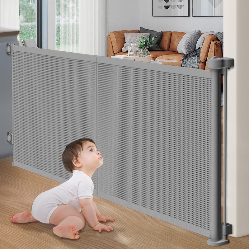 Pawtners Upgrade 200" Retractable Baby Gates Extra Wide with Reinforced Strips, Mesh Retractable Dog Gate for Garage, 41" Tall Retractable Gate Indoor Outdoor for Pet and Baby-Grey - Image 1