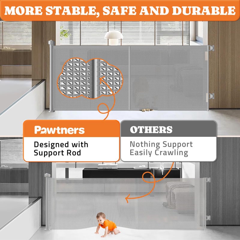Pawtners Upgrade 200" Retractable Baby Gates Extra Wide with Reinforced Strips, Mesh Retractable Dog Gate for Garage, 41" Tall Retractable Gate Indoor Outdoor for Pet and Baby-Grey - Image 2