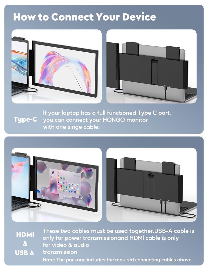 Hongo Laptop Screen Extender,14" FHD 1080P IPS Dual Screen,Attachment Screen Extended Extra Screen, Portable Monitor for Laptops 14-16" with USB-C/HDMI Port, Plug n Play for Windows/Mac/Android/Switch/PS5 - Image 3