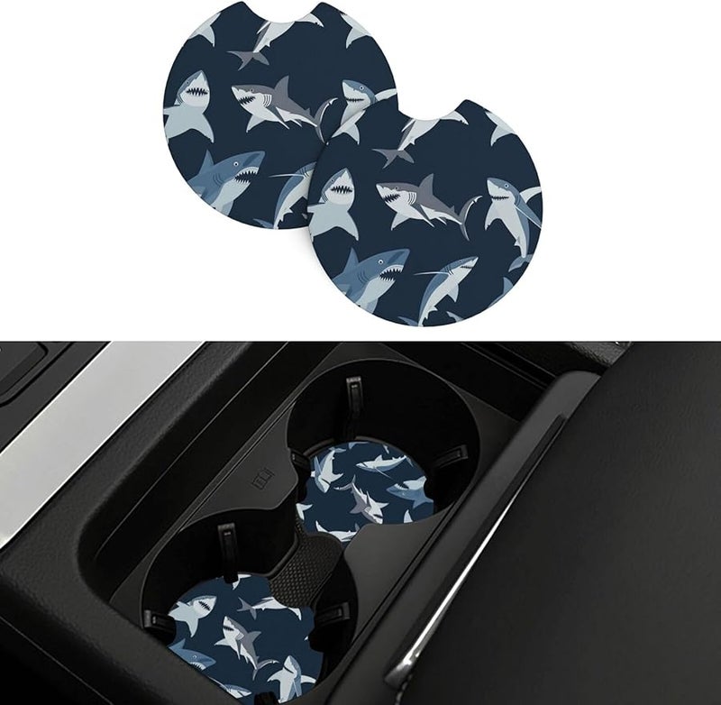 Ocean Shark Car Cup Holder Coaster Pads 2 Pcs Non Slip Absorbent Rubber Mat Universal Vehicle Interior Accessories - Image 1