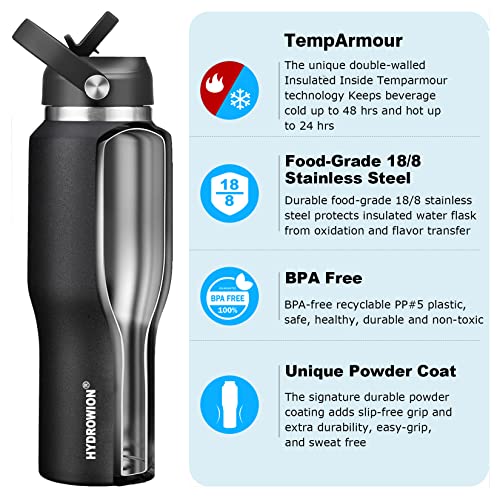 HYDROWION 40 oz Insulated Water Bottle with Straw fit in Car Cup Holder(Cold 48 hrs, Hot 24 hrs) Drinking Bottle with Straw Lid, Spout Lid and Flex Cap Leakproof Travel Thermo Mug，Black - Image 2