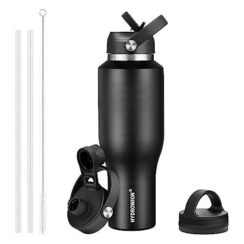 HYDROWION 40 oz Insulated Water Bottle with Straw fit in Car Cup Holder(Cold 48 hrs, Hot 24 hrs) Drinking Bottle with Straw Lid, Spout Lid and Flex Cap Leakproof Travel Thermo Mug，Black - Image 1