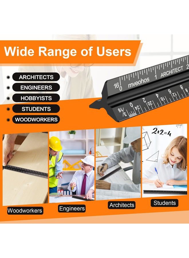 mveohos Architectural Scale Ruler, Imperial Measurements 12'', Laser-Etched Aluminum Architect Triangular Ruler Black for Architects, Students, Draftsman, and Engineers - Image 5