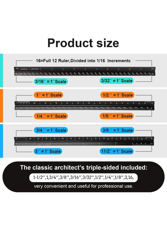 mveohos Architectural Scale Ruler, Imperial Measurements 12'', Laser-Etched Aluminum Architect Triangular Ruler Black for Architects, Students, Draftsman, and Engineers - Image 2