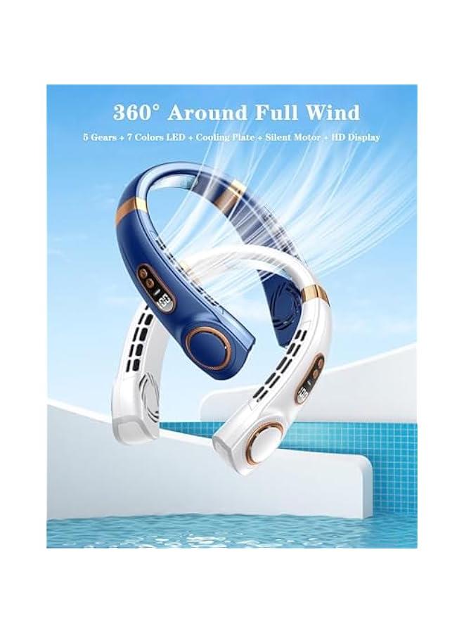 هوكور مكيف هواء بمروحة رقبة من توريسيك مع الواح تبريد، 5 سرعات هواء بارد وضوء LED قابل للتعديل، مروحة شخصية قابلة لاعادة الشحن بمنفذ USB للرجال/النساء، محمولة للتخييم والسفر والاماكن الخارجية (ازرق) - Image 2