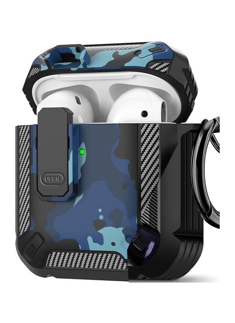 Elmo3ezz Compatible for AirPods Case Cover, Airpods 1/2 Protective Case with Lock Gen 1/2 Military Hard Shell Rugged Shockproof with Apple Airpods 2nd Airpods 1st Generation,(Blue Camo )
