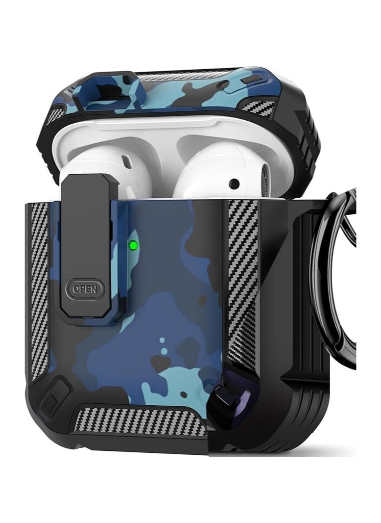 Elmo3ezz Compatible for AirPods Case Cover, Airpods 1/2 Protective Case with Lock Gen 1/2 Military Hard Shell Rugged Shockproof with Apple Airpods 2nd Airpods 1st Generation,(Blue Camo )