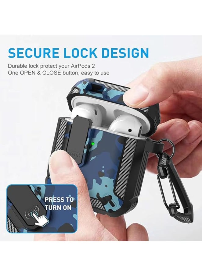 Elmo3ezz Compatible for AirPods Case Cover, Airpods 1/2 Protective Case with Lock Gen 1/2 Military Hard Shell Rugged Shockproof with Apple Airpods 2nd Airpods 1st Generation,(Blue Camo )