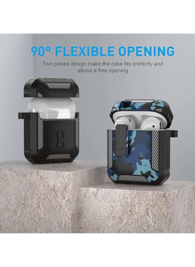 Elmo3ezz Compatible for AirPods Case Cover, Airpods 1/2 Protective Case with Lock Gen 1/2 Military Hard Shell Rugged Shockproof with Apple Airpods 2nd Airpods 1st Generation,(Blue Camo )