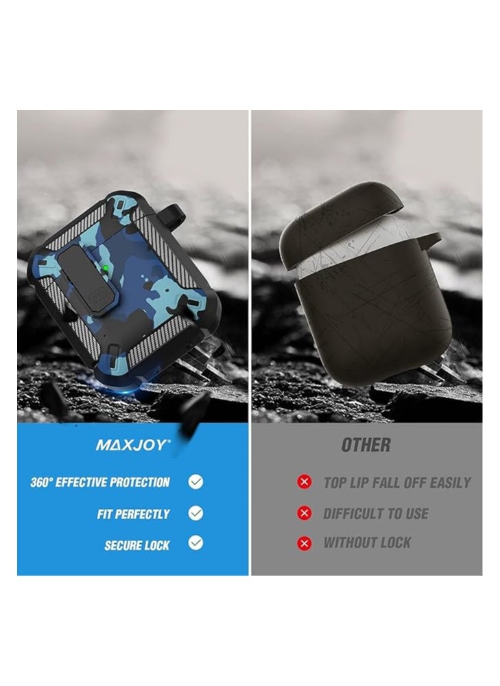 Elmo3ezz Compatible for AirPods Case Cover, Airpods 1/2 Protective Case with Lock Gen 1/2 Military Hard Shell Rugged Shockproof with Apple Airpods 2nd Airpods 1st Generation,(Blue Camo )
