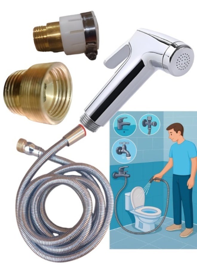 A portable bidet for home, camping, and travel, consisting of a 2-meter hose, a brass adapter, and a rubber adapter for obtaining water from multiple sources. - Image 1