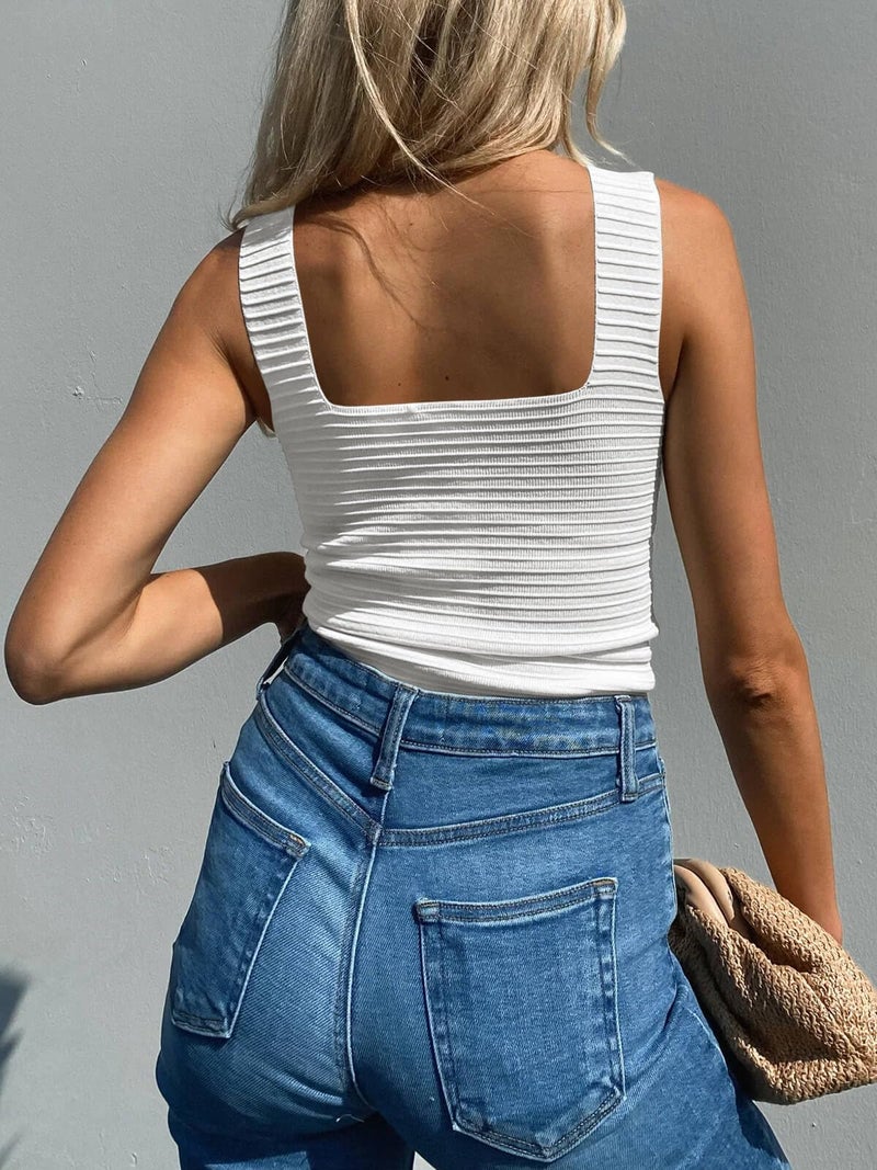 BZB Tank Tops for Women Casual Summer 2026 White Square Neck Sleeveless Fitted Tops Shirts Sexy Tops for Women - Image 4