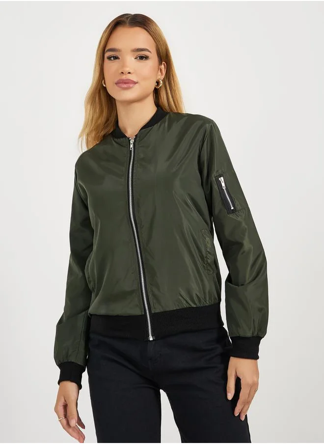 Styli Regular Fit Regular Length Zip Up Bomber Jacket