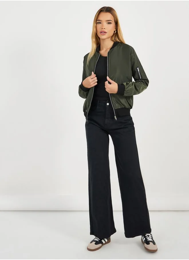 Styli Regular Fit Regular Length Zip Up Bomber Jacket