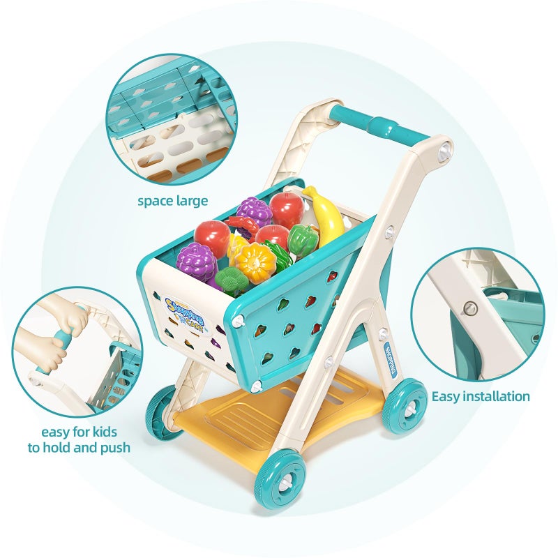 Jovow 98pcs Kids Shopping Cart Trolley Play Set with Pretend Food and Accessories,Perfect for Ages 3+ Pretend Play and Role-Playing Games - Image 3