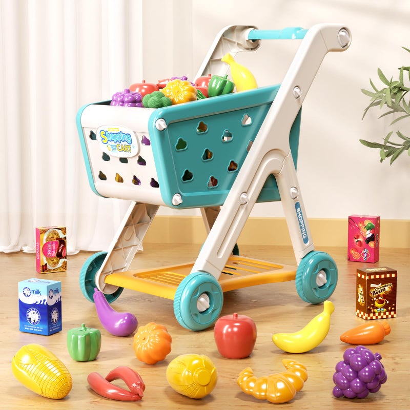 Jovow 98pcs Kids Shopping Cart Trolley Play Set with Pretend Food and Accessories,Perfect for Ages 3+ Pretend Play and Role-Playing Games - Image 2