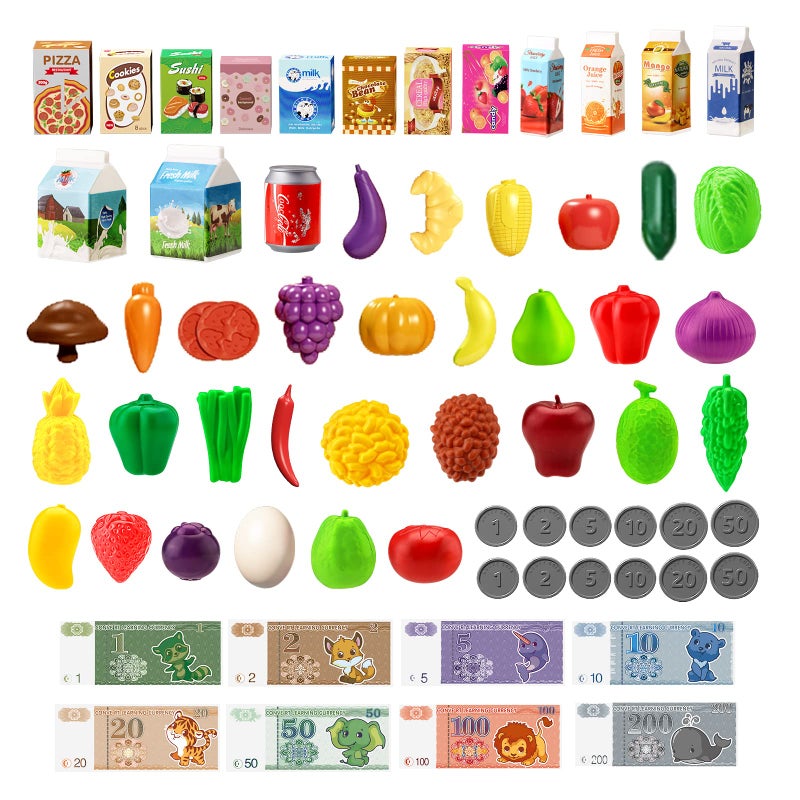 Jovow 98pcs Kids Shopping Cart Trolley Play Set with Pretend Food and Accessories,Perfect for Ages 3+ Pretend Play and Role-Playing Games - Image 5
