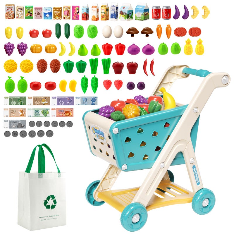 Jovow 98pcs Kids Shopping Cart Trolley Play Set with Pretend Food and Accessories,Perfect for Ages 3+ Pretend Play and Role-Playing Games - Image 1
