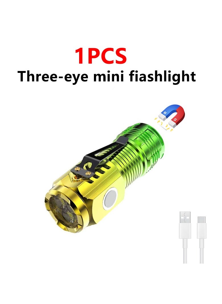 AROAQ Mini Flashlight, Multifunctional Three Eyed Bright Flashlight, Ipx4 Waterproof Portable Handheld Torch With Clip, Rechargeable Durable Pocket Flashlight For Camping Hunting, (1pc, Yellow)  - Image 1