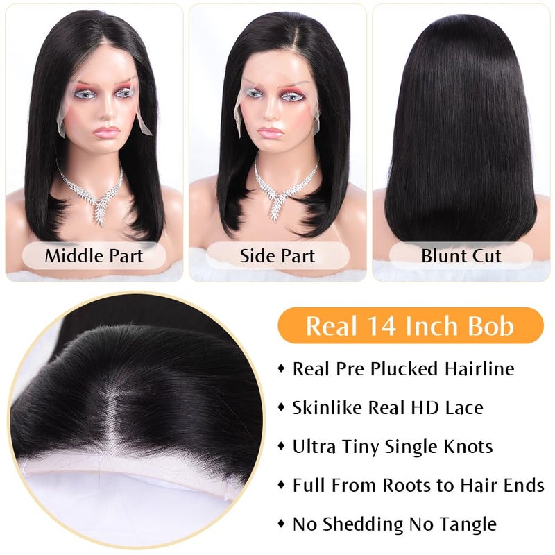 Flady 14 inch Bob Wig Human Hair 13x4 HD Lace Front Wigs Human Hair Pre Plucked 150% Density Straight Human Hair Bob Wig Glueless Short Bob Frontal Wigs For Black Women - Image 2