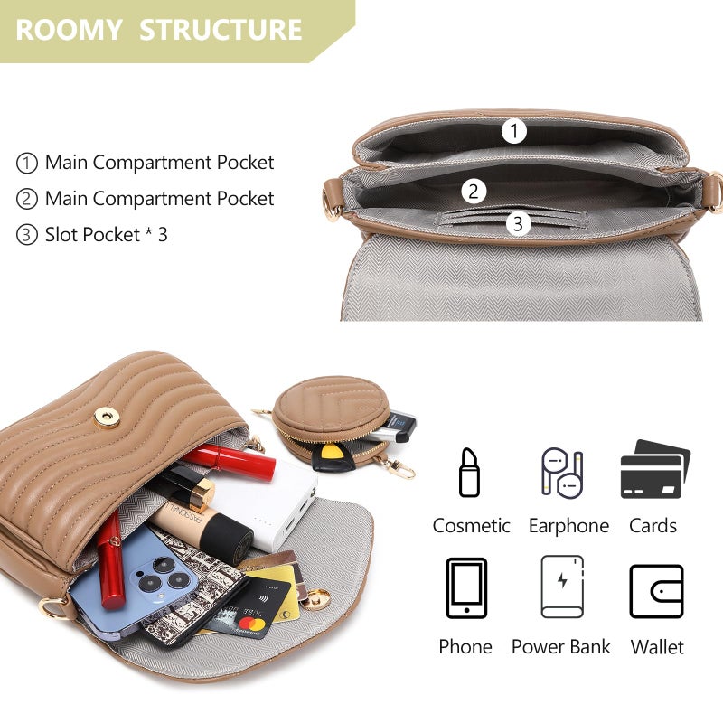 JEEHAN Quilted Crossbody Bag Trendy Wallet Crossbody Purse Small Crossbody with Coin Purse and Handbags (Brown) - Image 4