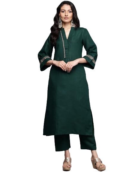Varanga Women's Green Mandarin Collar Thread Embroidered With Pleate Deatialing Kurta Paired With Bottom - Image 1