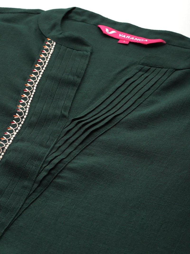 Varanga Women's Green Mandarin Collar Thread Embroidered With Pleate Deatialing Kurta Paired With Bottom - Image 4