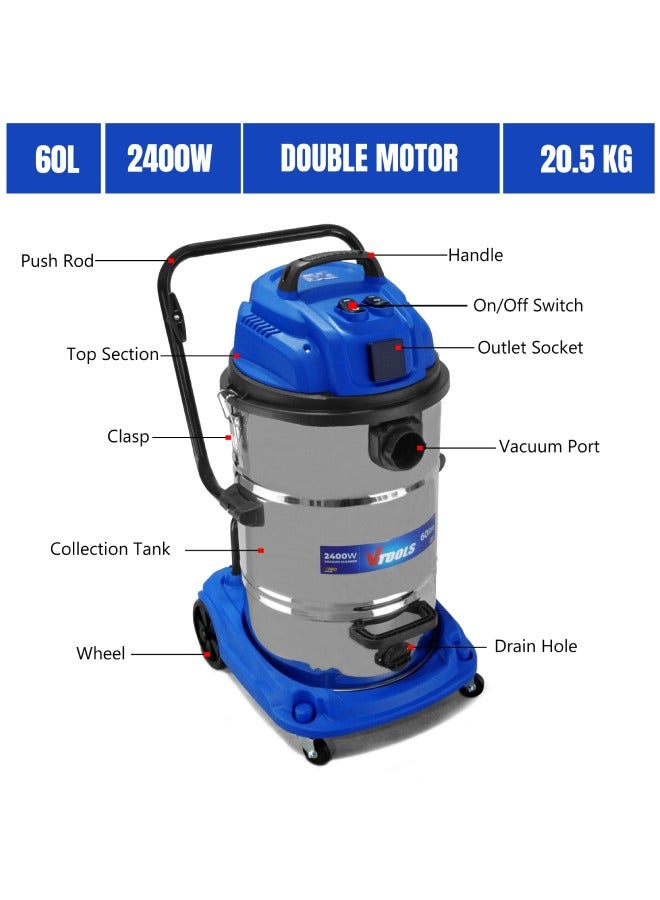 VTOOLS 2400W 60L Vacuum Cleaner with Power Socket, Double Motor - Image 3