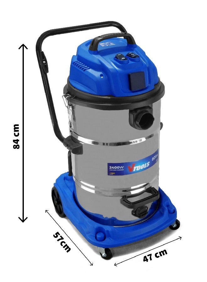 VTOOLS 2400W 60L Vacuum Cleaner with Power Socket, Double Motor - Image 4