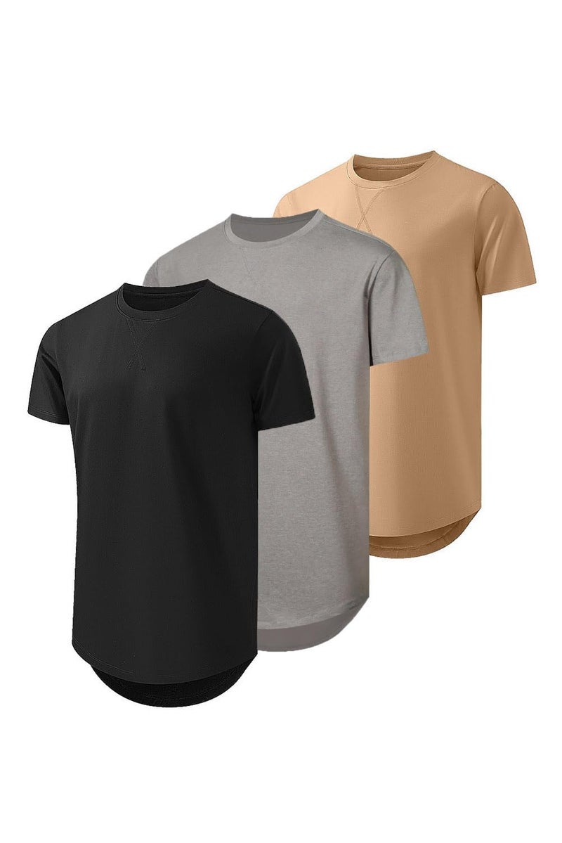 JMIERR Men's 3 Pack Cotton Hipster Hip Hop Longline Crewneck T-Shirt, Short Sleeve Gym Workout Athletic T Shirts for Men Pack,XL, Black/Dark Grey/Khaki - Image 1