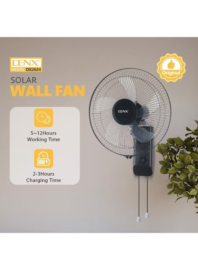 دينكس مروحة حائط بالطاقة الشمسية DENX DX2624 – ثلاث سرعات هواء، كابل بطول 3 متر، شحن بالطاقة الشمسية مع أداء قوي وهادئ، مثالية للمنزل، المكتب والمناطق محدودة الكهرباء - Image 2