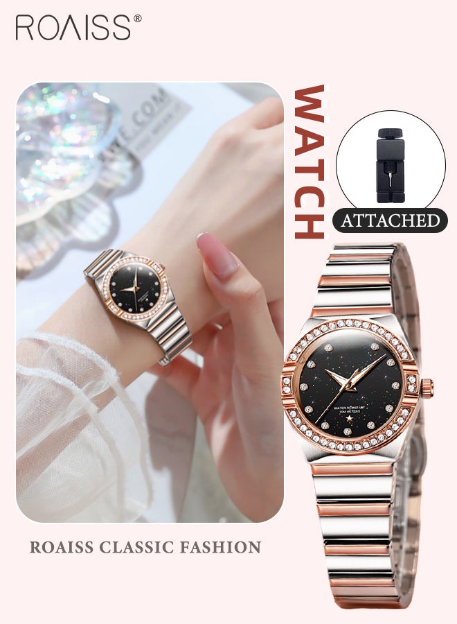 رويس ساعة كوارتز بحزام من الفولاذ للنساء، شاشة تناظرية، مينا دائرية مرصعة بالنجوم، مزينة بالألماس من الزركونيا، مقاومة للماء، ساعة يد فاخرة مضيئة كهدية للسيدات - Image 1