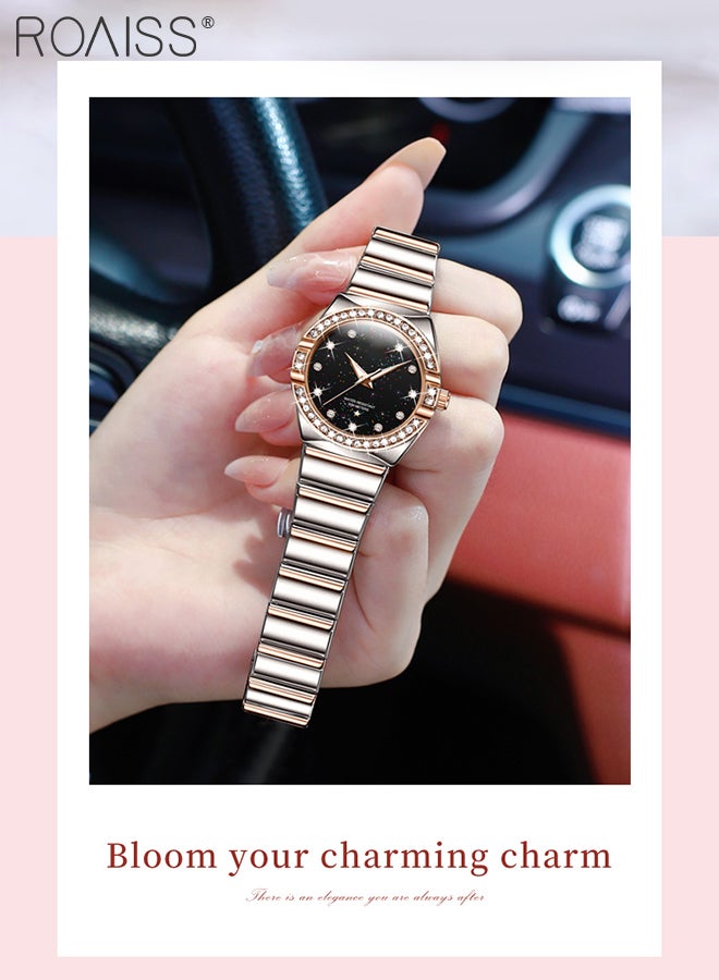 رويس ساعة كوارتز بحزام من الفولاذ للنساء، شاشة تناظرية، مينا دائرية مرصعة بالنجوم، مزينة بالألماس من الزركونيا، مقاومة للماء، ساعة يد فاخرة مضيئة كهدية للسيدات - Image 4