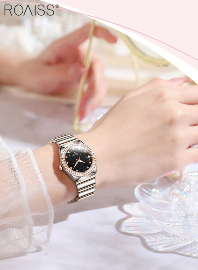 رويس ساعة كوارتز بحزام من الفولاذ للنساء، شاشة تناظرية، مينا دائرية مرصعة بالنجوم، مزينة بالألماس من الزركونيا، مقاومة للماء، ساعة يد فاخرة مضيئة كهدية للسيدات - Image 2