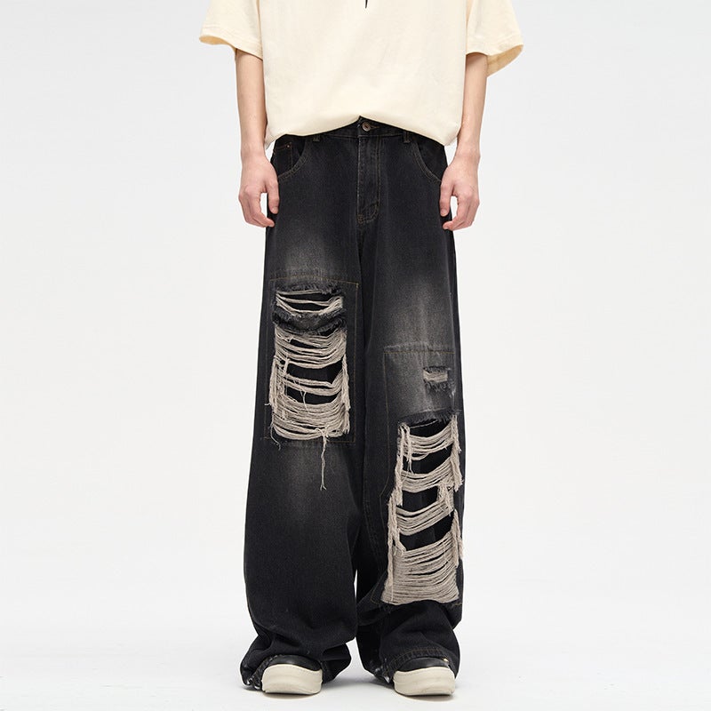 2024 Trendy Patched Ripped Jeans for Men Black  - Image 1
