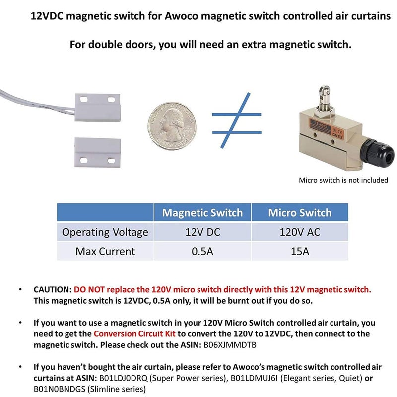 Awoco 12VDC Easy-Install Magnetic Switch for Magnetic Switch Controlled Air Curtains (White Color) - Image 2
