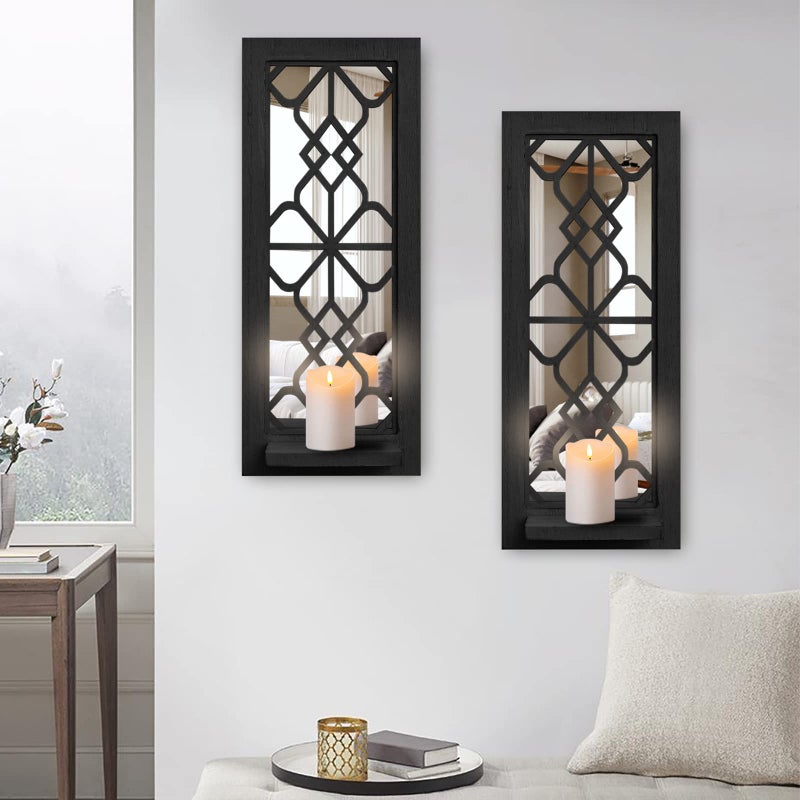 ZEXUIRU Wood Wall Sconce Candle Holder Set 2, Rustic Candle Sconces, Farmhouse Hanging Wall DÃ©cor, Carved Wood Frame, Mirrored Wall Accent - Image 1