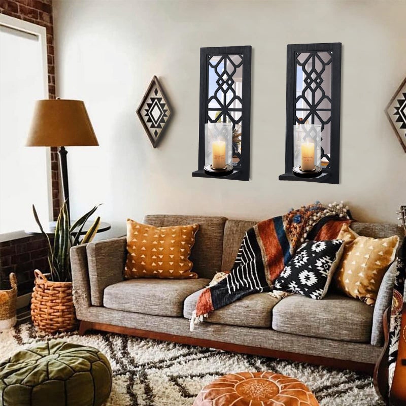 ZEXUIRU Wood Wall Sconce Candle Holder Set 2, Rustic Candle Sconces, Farmhouse Hanging Wall DÃ©cor, Carved Wood Frame, Mirrored Wall Accent - Image 4