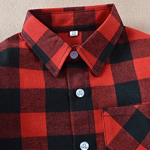 Askwind Happy GoGo Kid Girl Boy Long Sleeve Button Down Plaid Flannel Shirt (Red-Black, 9-10Years) - Image 3