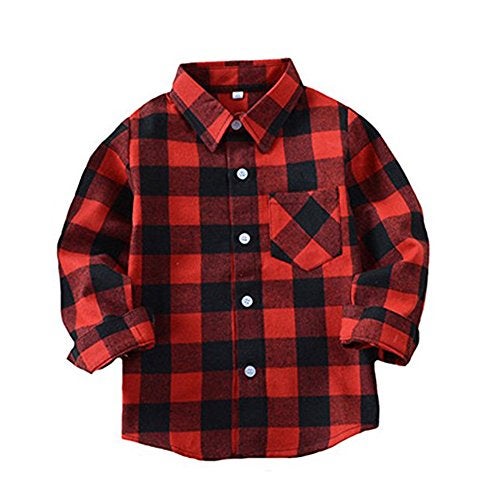Askwind Happy GoGo Kid Girl Boy Long Sleeve Button Down Plaid Flannel Shirt (Red-Black, 9-10Years) - Image 1